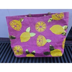 Mud Pie Tote Bag Lemon Sequins Jute Handbag shopping beach pool fun and bright